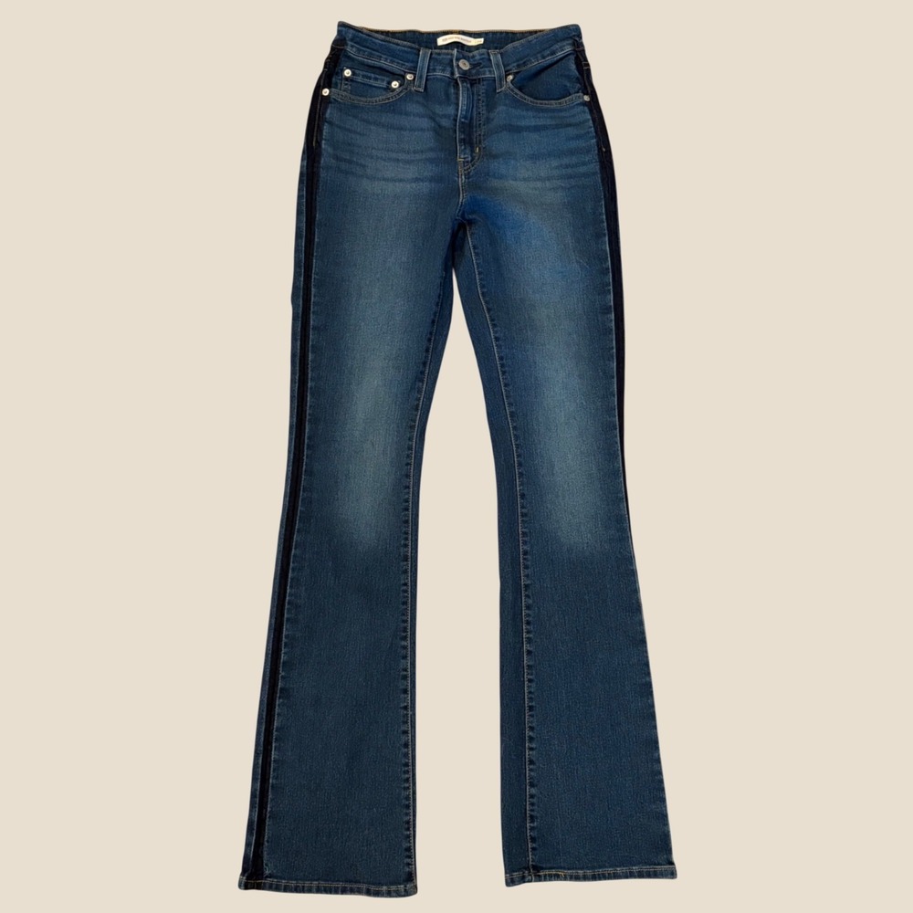 Levis 725 High Rise Bootcut Jeans Blue Tuxedo Stripe W29 L34 Stretch Denim